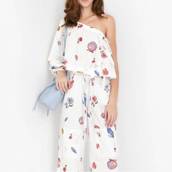 NWT Ciao Lucia Lea One Shoulder Bow Detail Top in Shell Beach Print Cotton - Picture 3 of 11